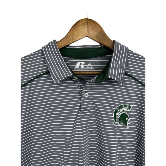 Russell Golf Polo Shirt Gray White Stripe Spartan MSU Logo Men's Size L - Picture 4 of 11